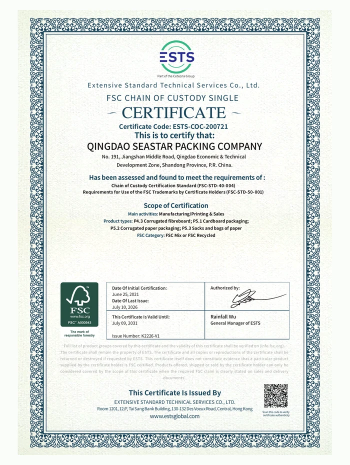 FSC chain of custody certificate for paper packaging materials