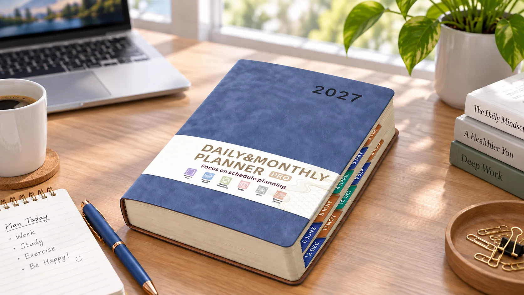 Blue daily planner notebook in a natural office setting