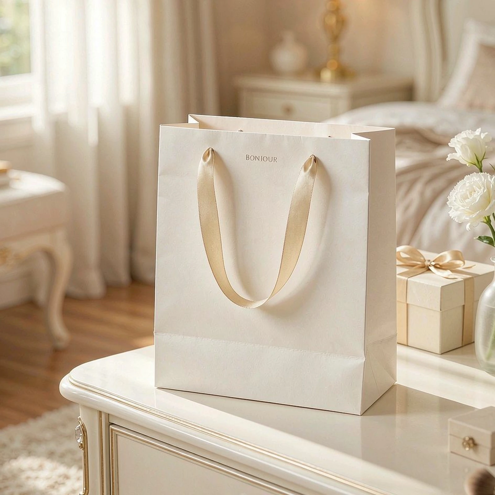 White satin-ribbon bag
