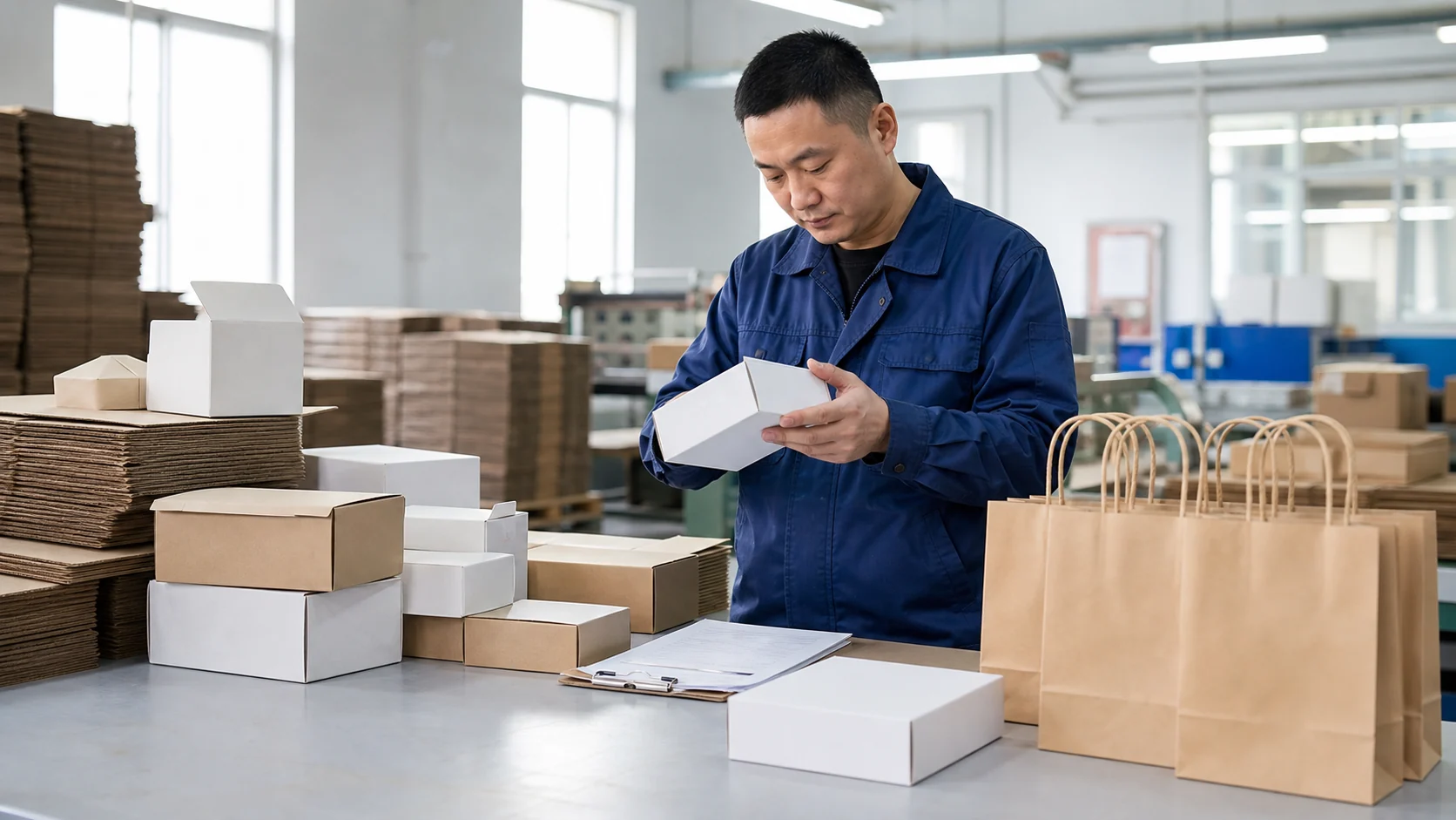 Yutongyuan quality control worker checking finished paper packaging before final packing