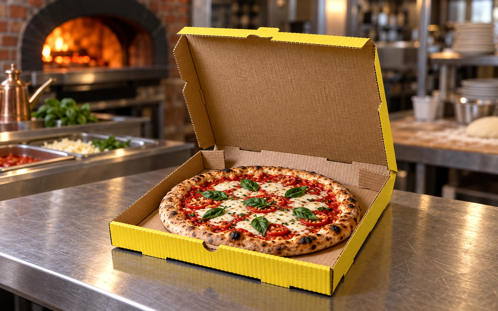 Yellow corrugated pizza box on a foodservice packing counter