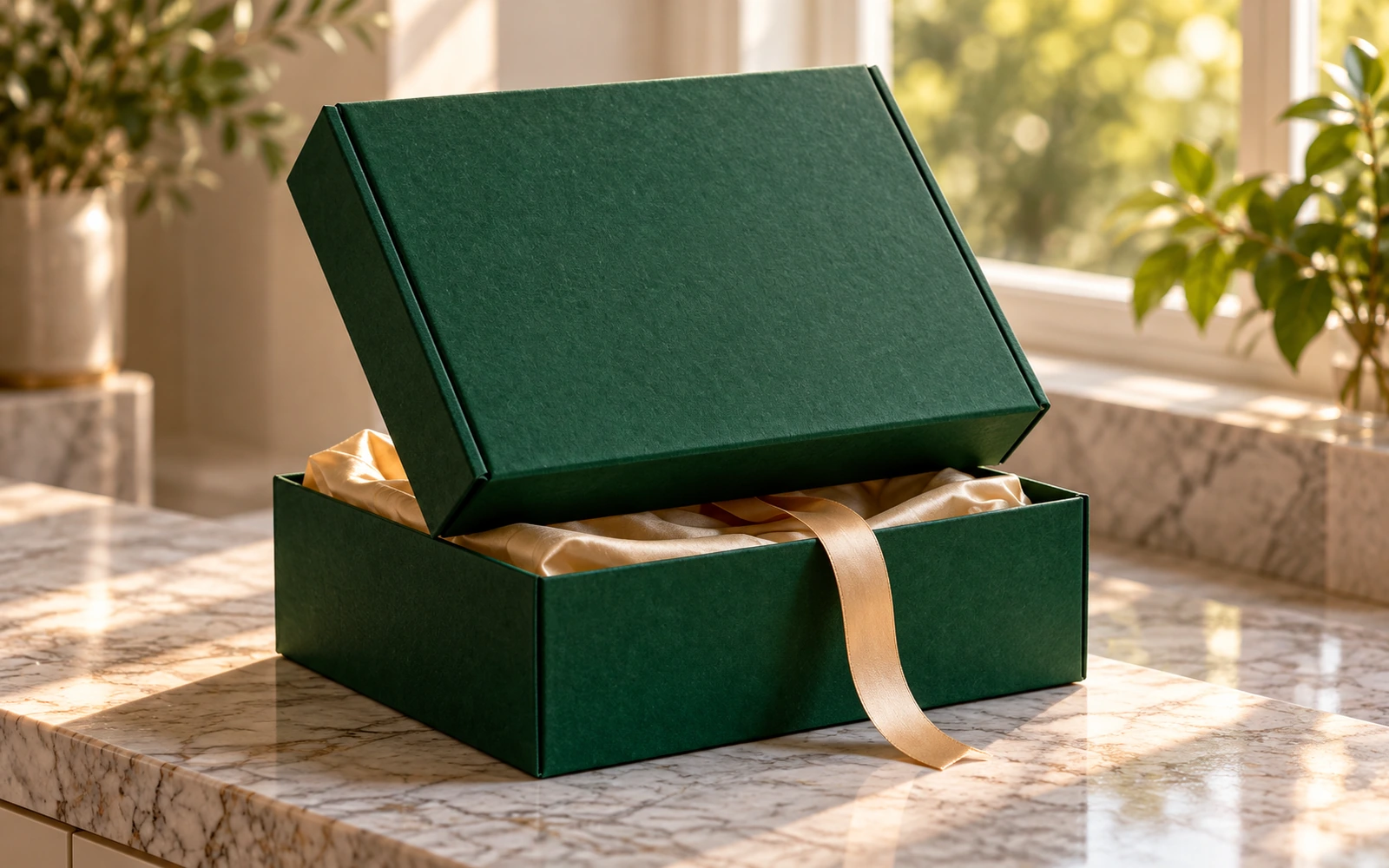 Deep green magnetic rigid gift box on a premium gifting counter