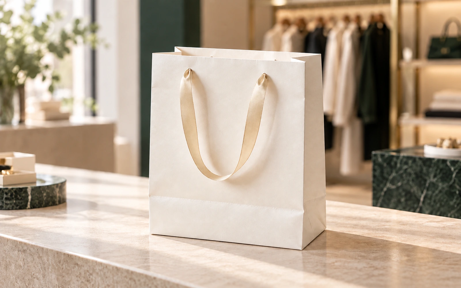 Ivory ribbon-handle paper shopping bag used for retail gifting and presentation