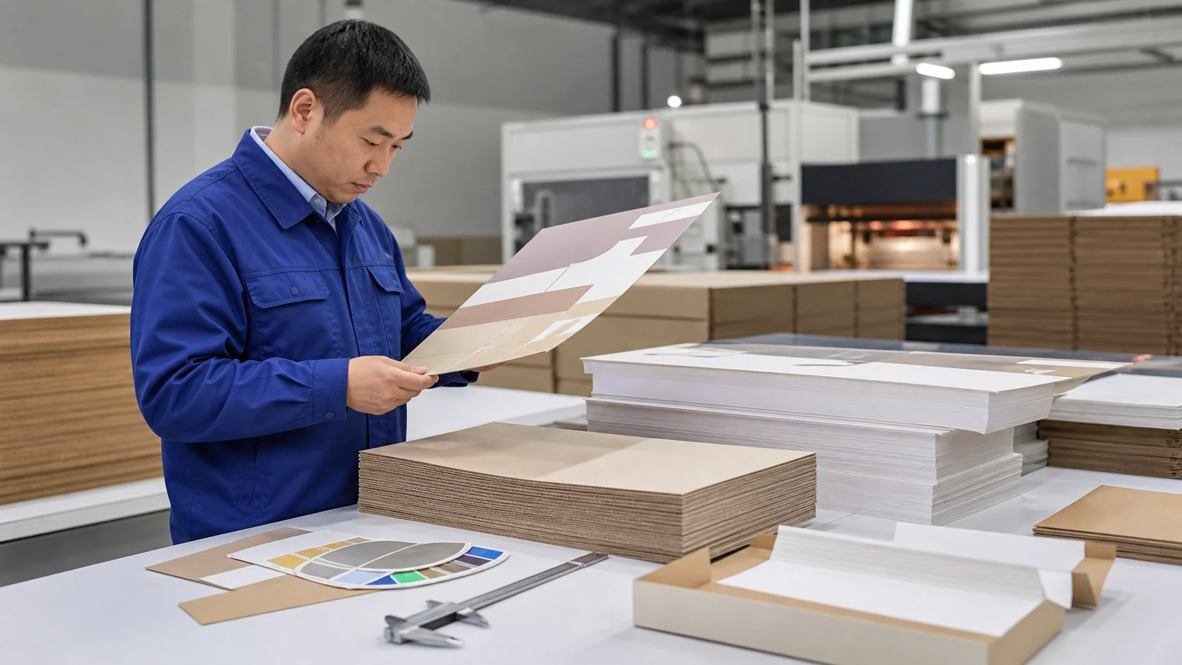 Yutongyuan quality control worker inspecting paperboard and printed packaging samples