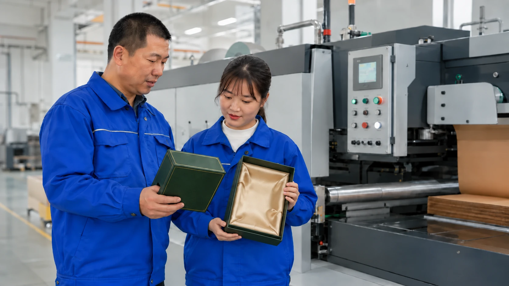 Yutongyuan packaging staff reviewing a premium rigid gift box beside production equipment