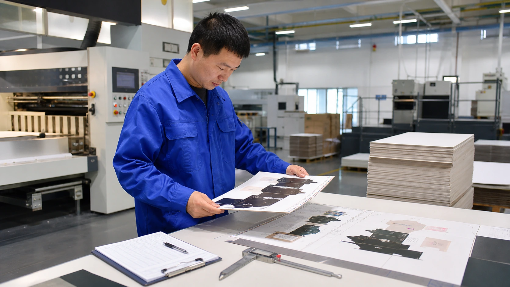 Yutongyuan worker inspecting paperboard and packaging samples during quality control