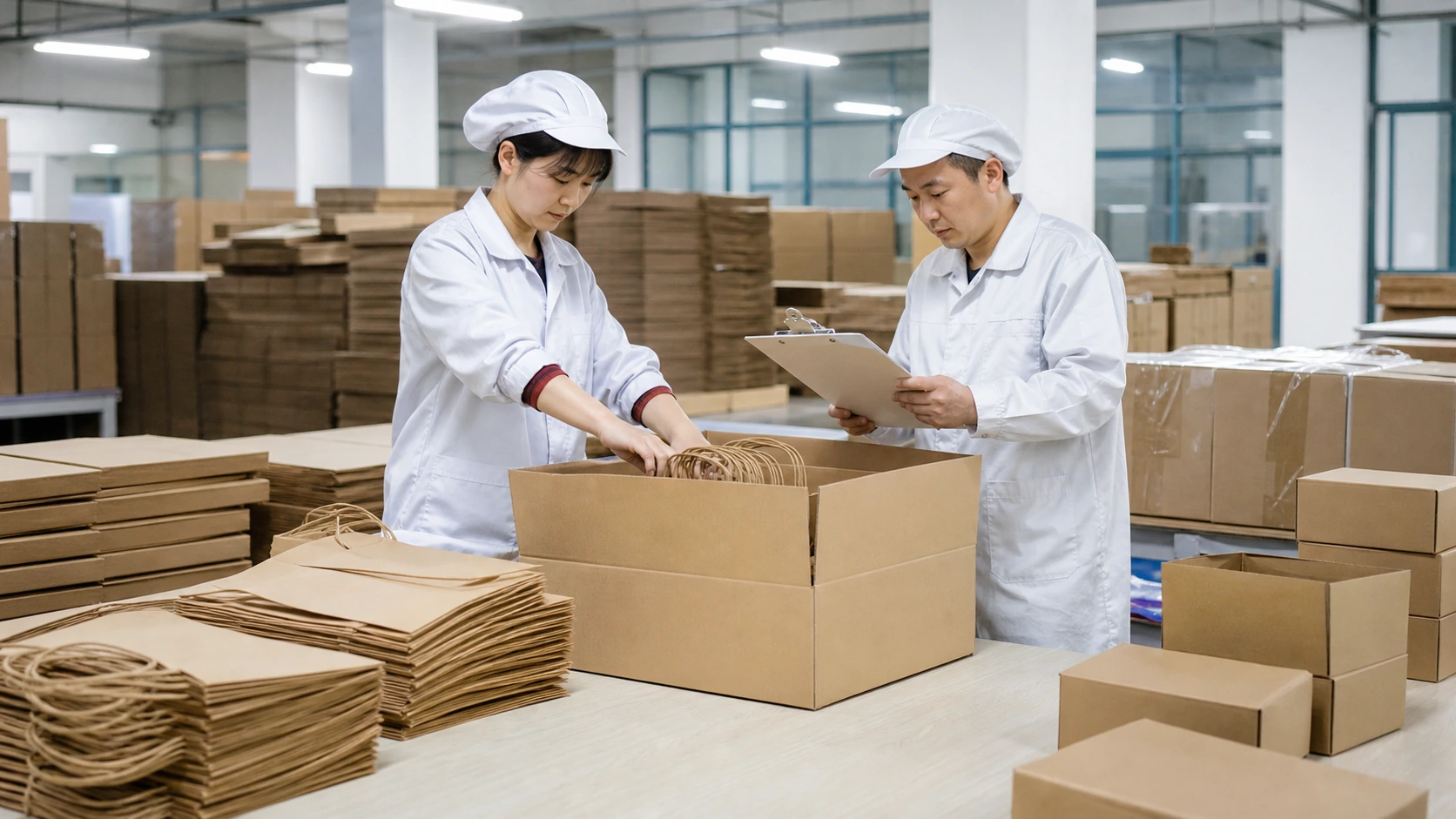 Yutongyuan workers packing finished paper packaging products into neutral cartons