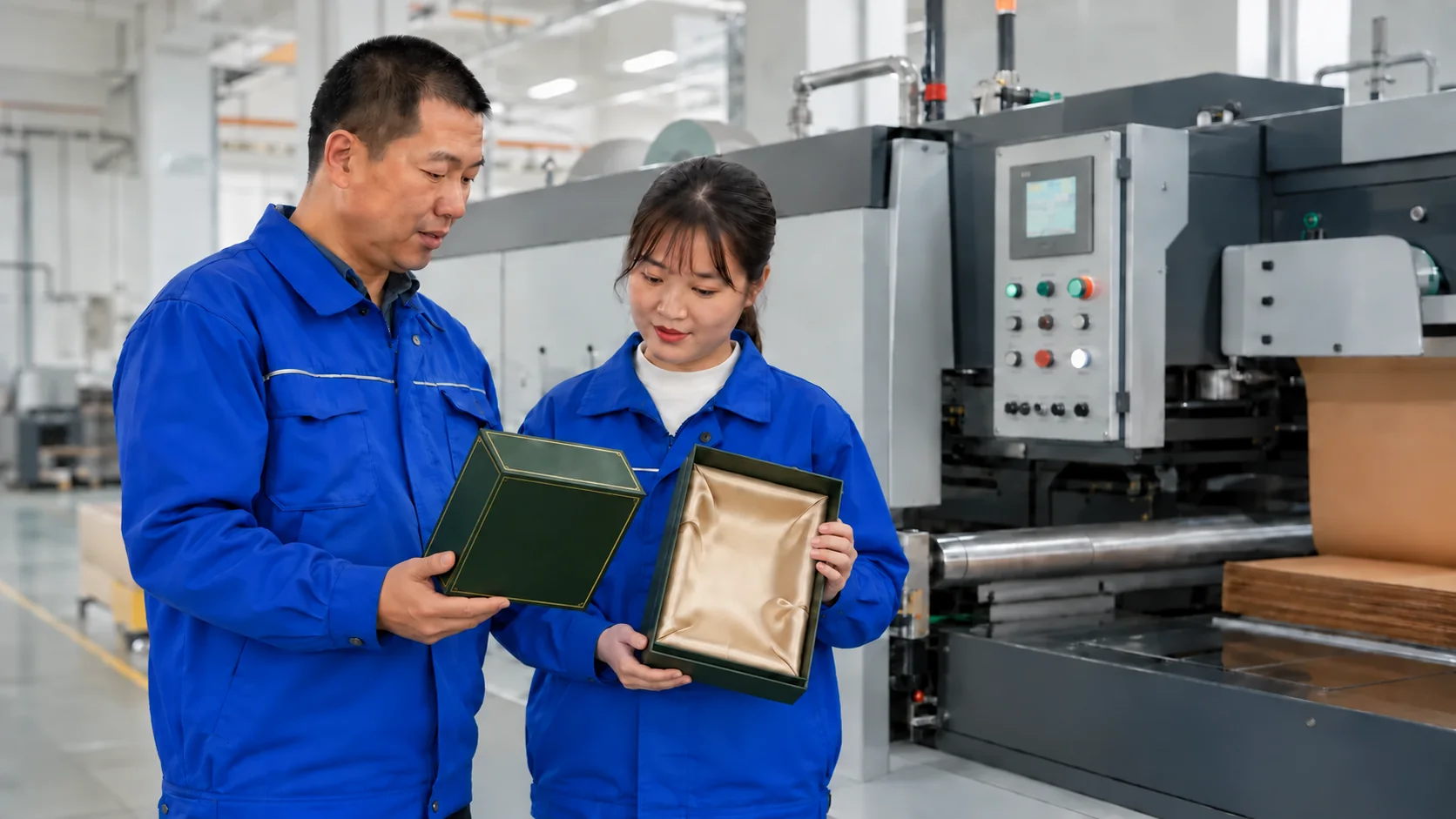 Yutongyuan packaging staff reviewing a premium rigid gift box beside production equipment