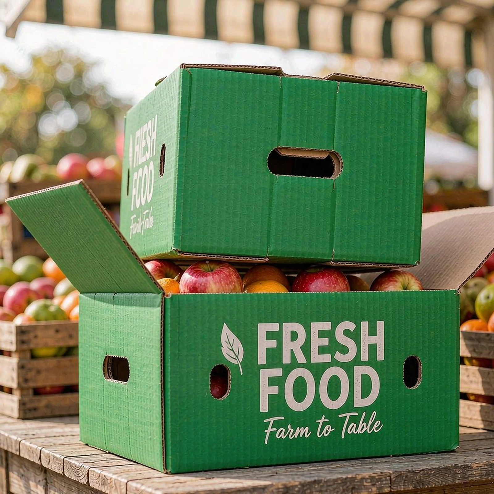 Green colored corrugated fruit boxes in a fresh produce setting