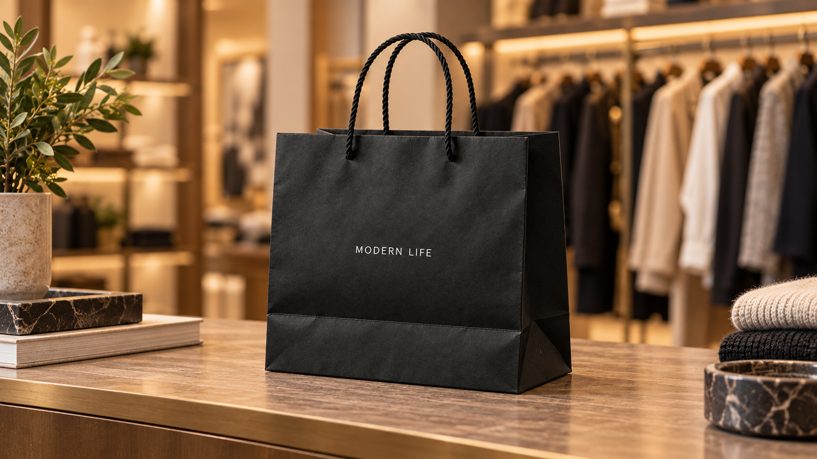 Custom paper shopping bag in a boutique retail setting