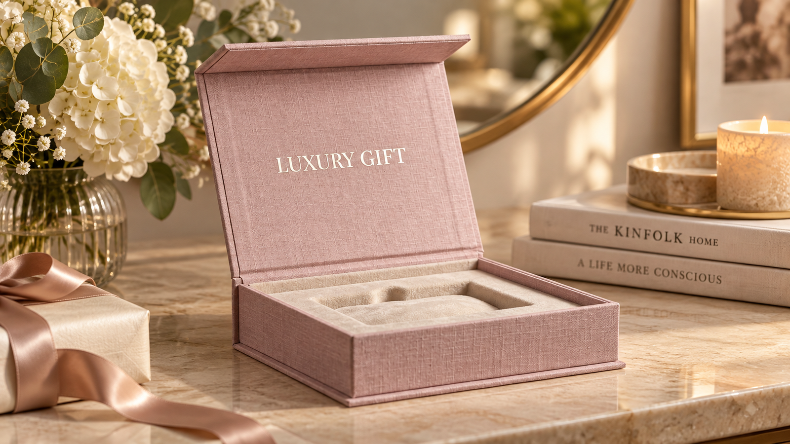 Premium rigid gift box in an elegant gifting setting
