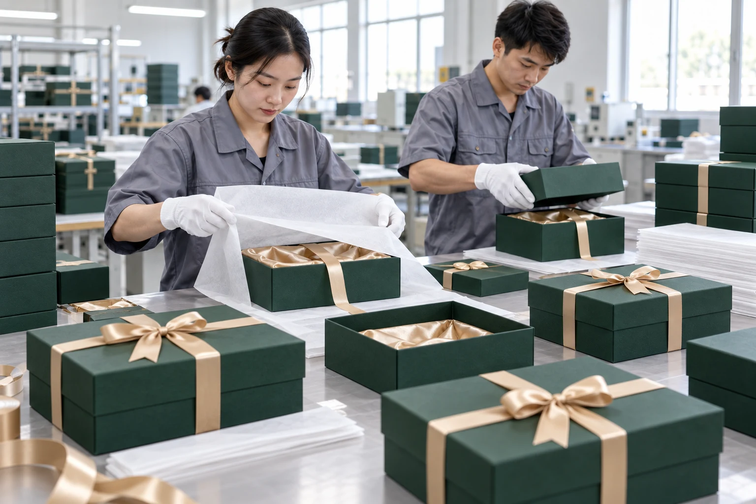 Packaging workers wrapping and closing dark green rigid gift boxes